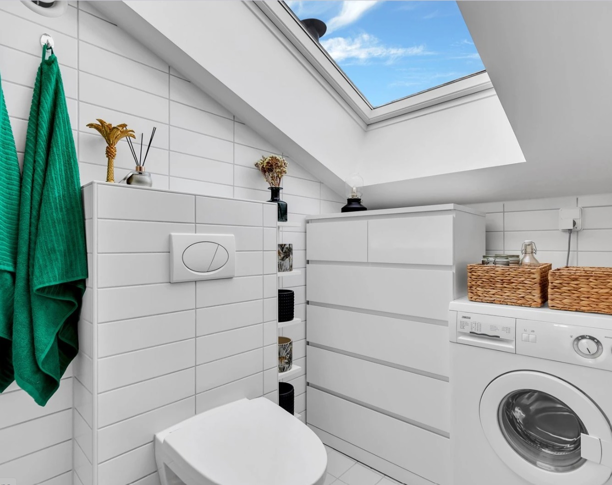 Vegghengt toalett og vaskemaskin (vaskemaskinen er byttet ut siden bildet ble tatt).